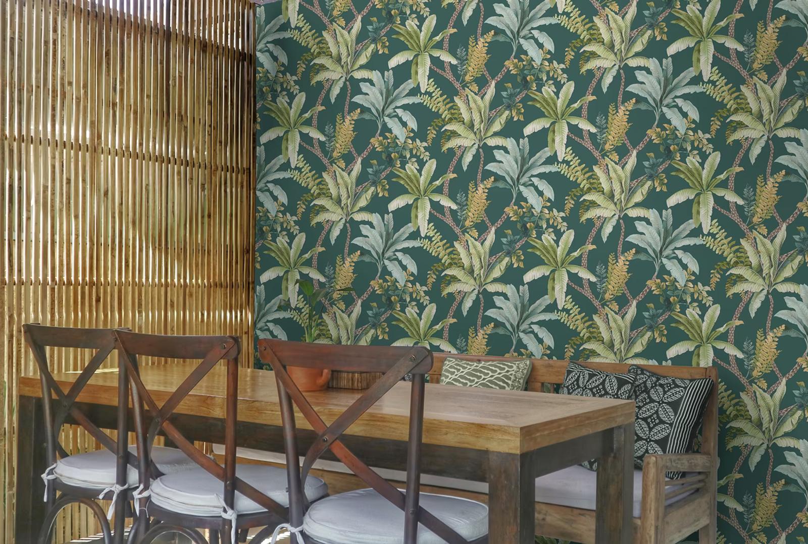 Saranda Teal palm wallpaper in a dining nook