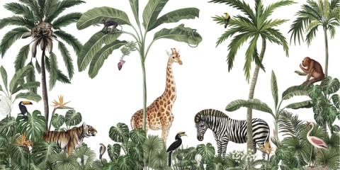The same massed palms and animals in pale, almost white tones. Light and graphic, it keeps a big scene feeling calm and open.