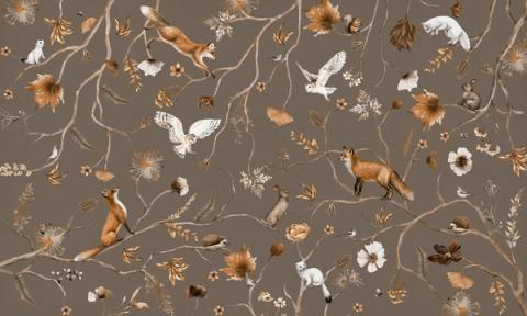 Foxes, owls and little birds scattered among fine branches and wildflowers in a light, hand-drawn all-over design. Shown on a taupe ground. Even and delicate across the wall, it dresses a room without crowding it.