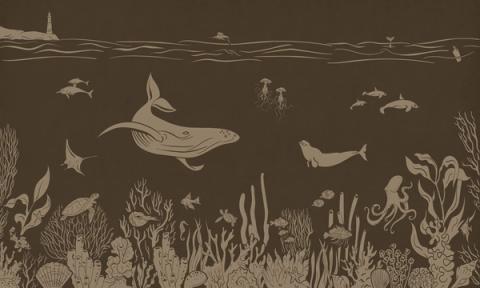 Whales, rays and little fish drift through a tonal underwater scene that lightens from the seabed up to the surface. Printed in a muted, vintage brown. Peaceful and dreamy, made for a room you want to feel still.