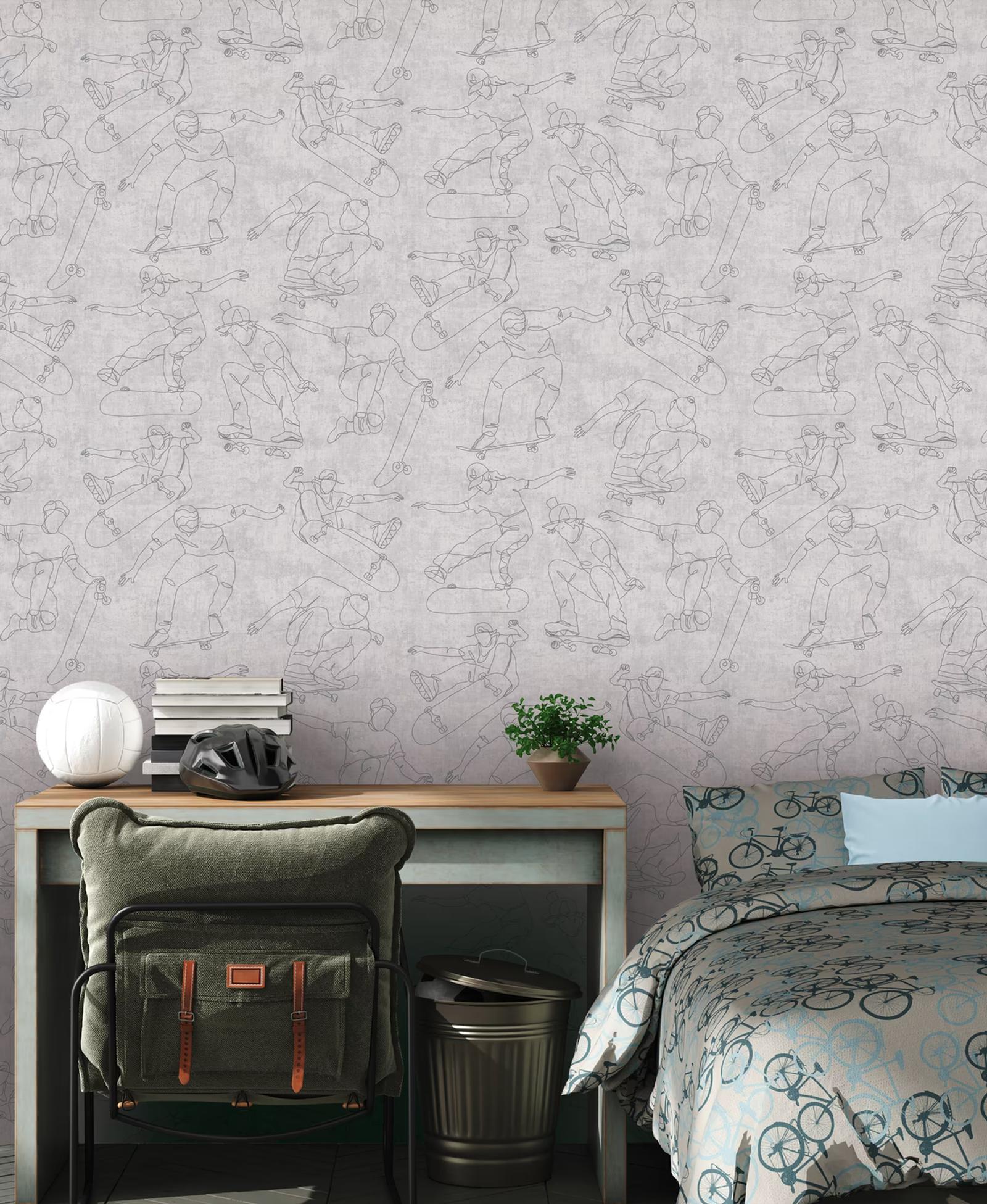 Skate Park wallpaper above a desk with a backpack and helmet