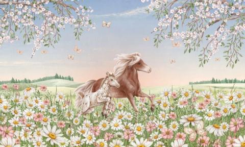 A horse and foal in a meadow of daisies under a soft pink and gold sky. Warm and tender, made for a dreamy, gentle room.