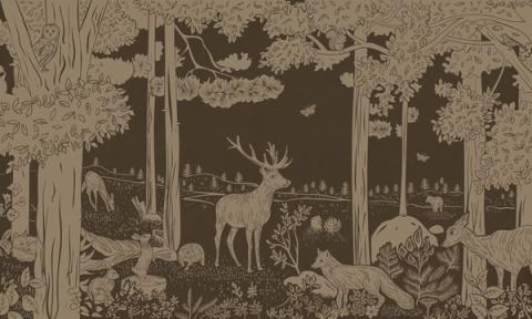 A quiet forest of slender trees with a stag at its heart and small animals in the undergrowth, printed as a single gentle tone. Printed in a muted, vintage brown. The soft, almost misty finish keeps a whole wall feeling restful rather than busy.