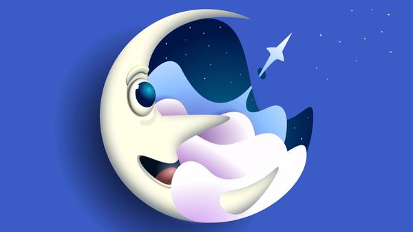 Cartoon-like illustration of the moon surrounded by clouds in a blue background 