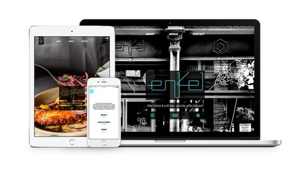 Responsive website development for a restaurant in Barcelona, Spain, showing images of the website on mobile, table and desktop screens.