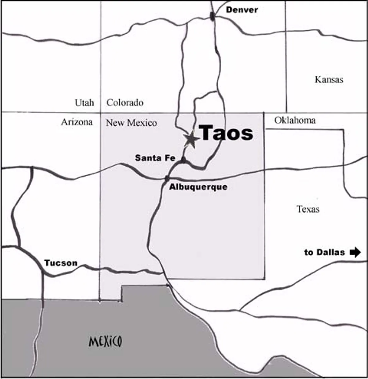 New Mexico map with Taos located