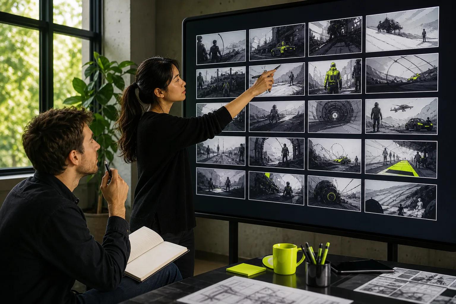 Video team reviewing storyboard panels before production.