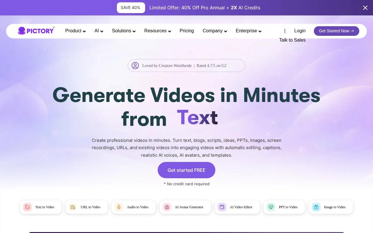 Screenshot of the Pictory website