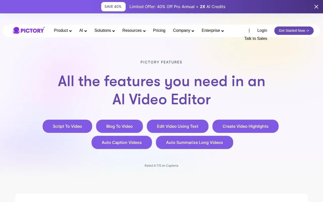 Screenshot of the Pictory website