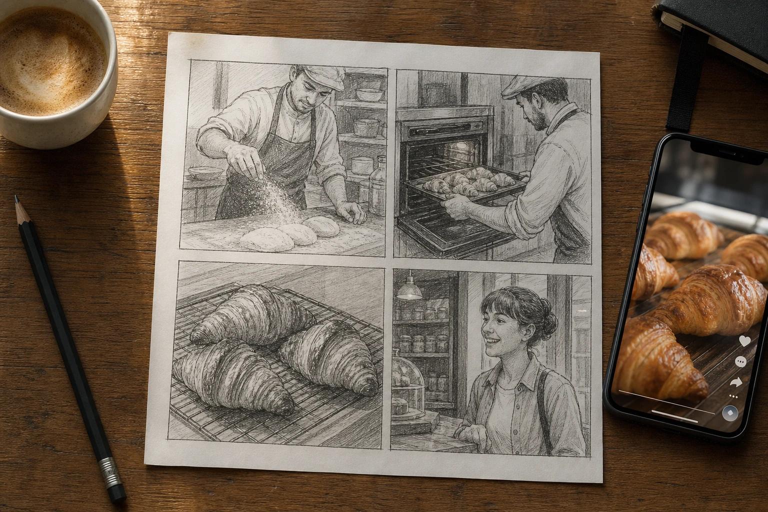 Un storyboard en quatre cases dessiné à la main, montrant un boulanger et des croissants tout juste sortis du four, à côté d'un téléphone qui affiche la vidéo verticale finale.