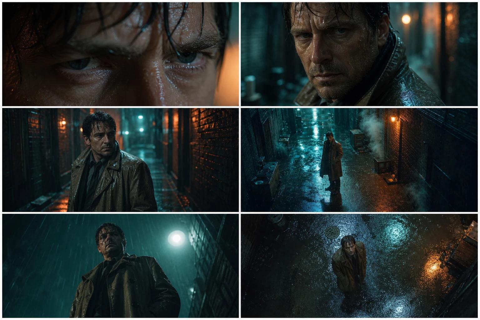 The same detective in a rainy neon alley shown in six framings, from an extreme close-up of his eyes to a top-down wide shot.