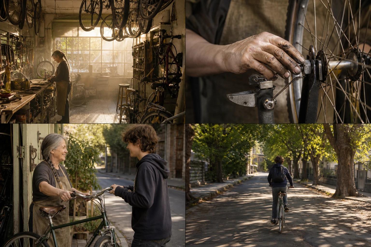 Cuatro fotogramas que cuentan la historia del taller de bicicletas: el taller por la mañana, unas manos centrando una rueda, la mecánica entregando la bici y el chico alejándose.