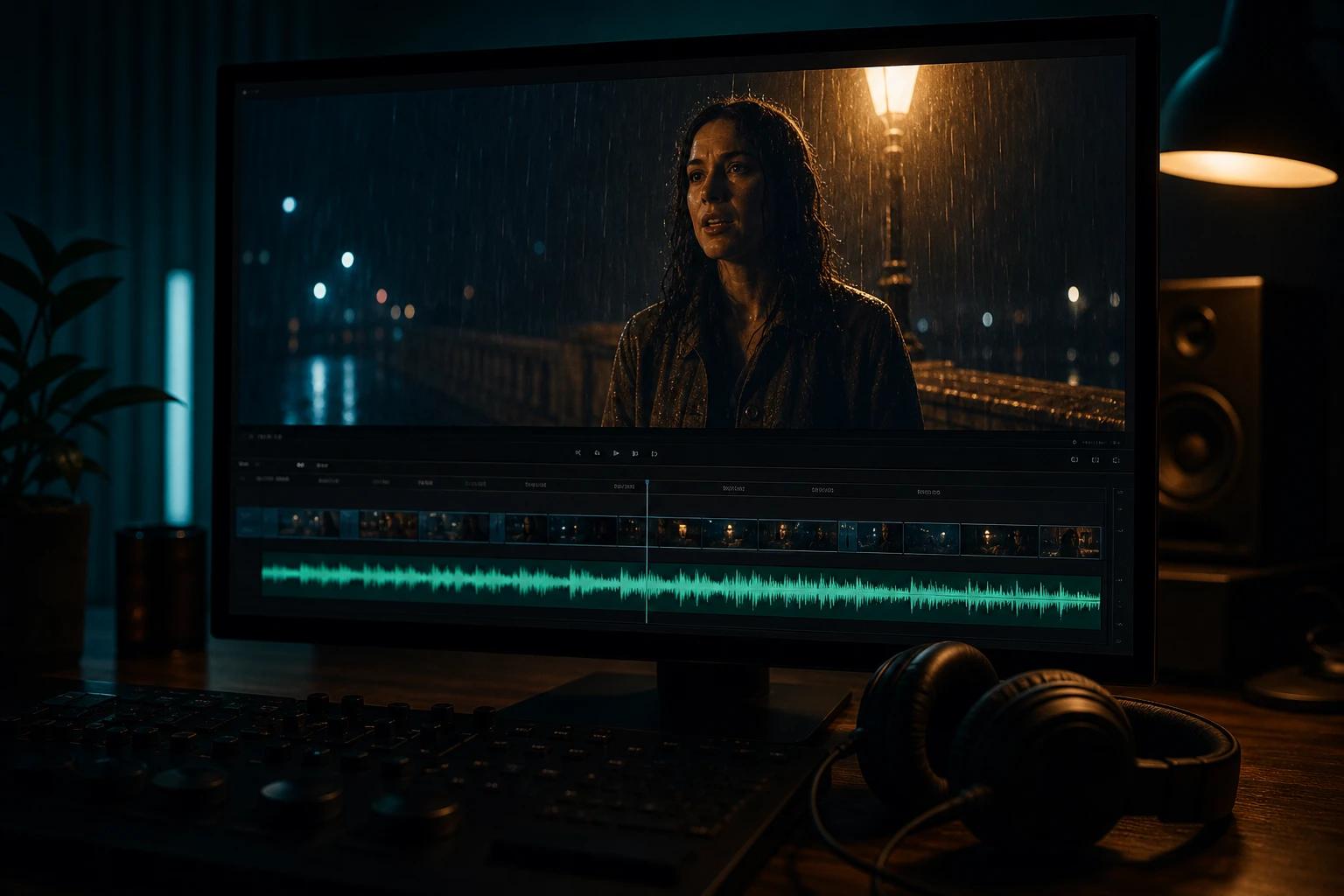 雨の中で話す女性と、タイムラインに音声波形が表示された動画編集用モニター。Wanのネイティブ音声とセリフ生成のイメージです。