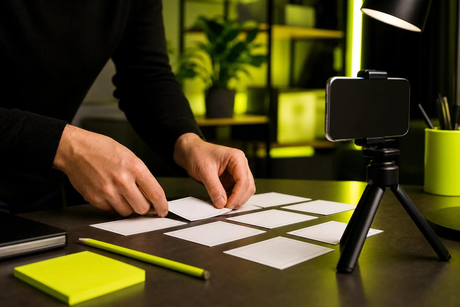 Planning a product video with storyboard cards and a smartphone filming setup.