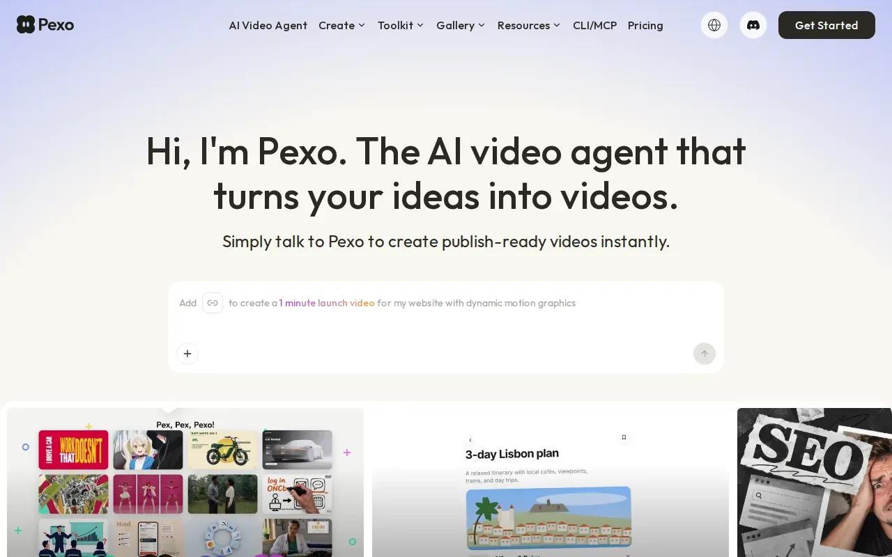 Screenshot of the Pexo website