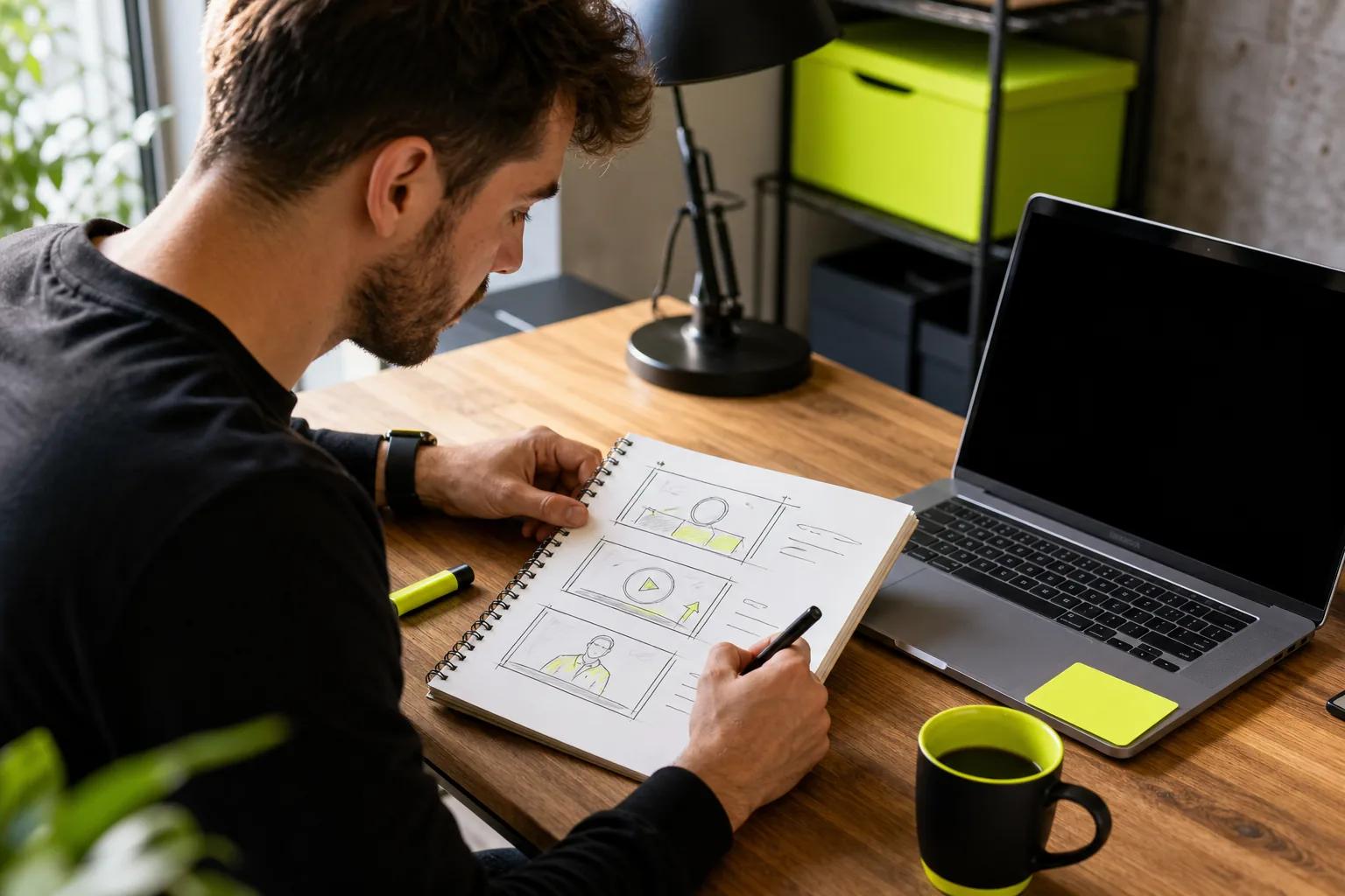 Marketer planning a promotional video script and storyboard before editing.