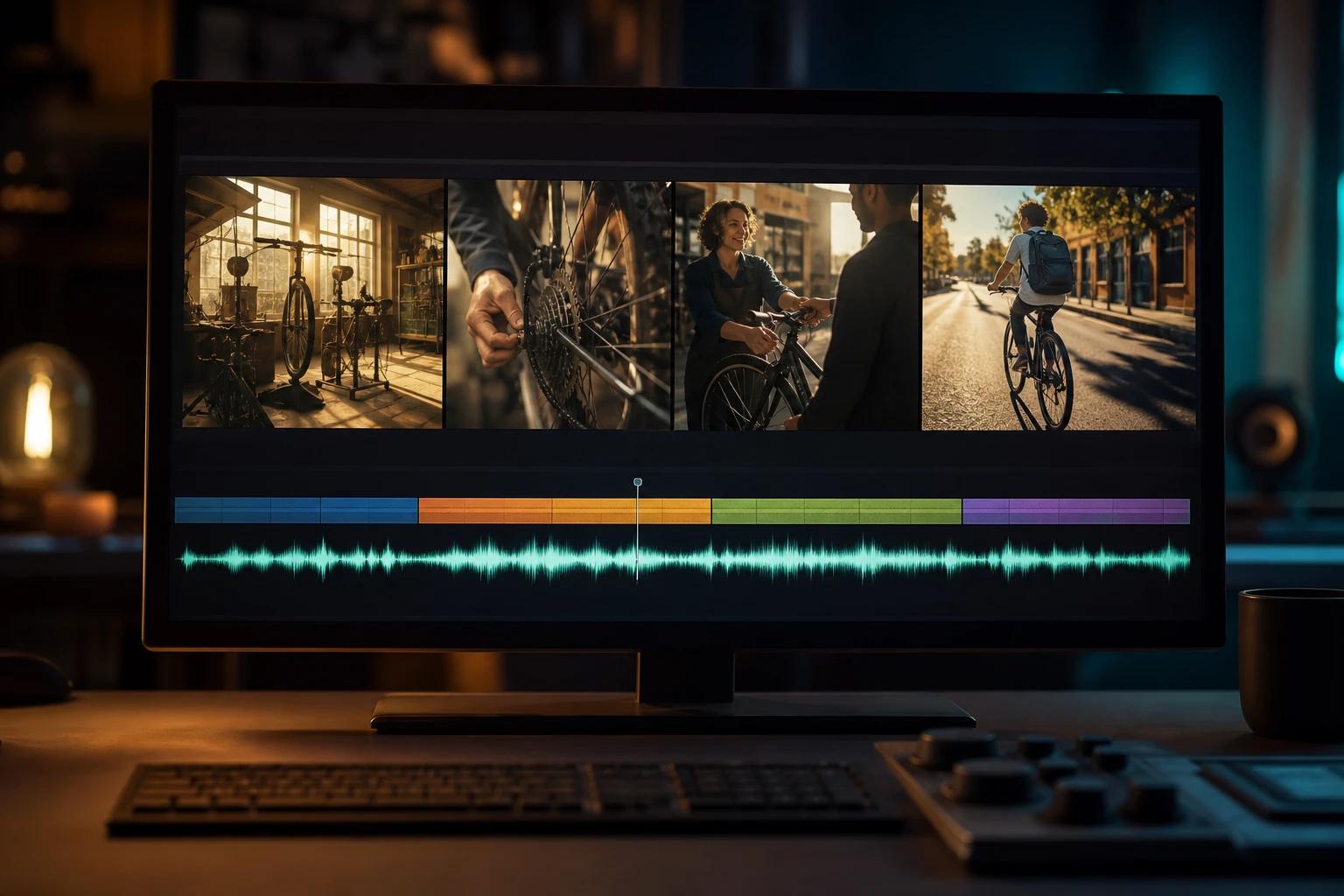 Un monitor de edición de vídeo muestra en la línea de tiempo una escena de 30 segundos en varios planos en un taller de bicicletas, con la forma de onda del audio debajo.
