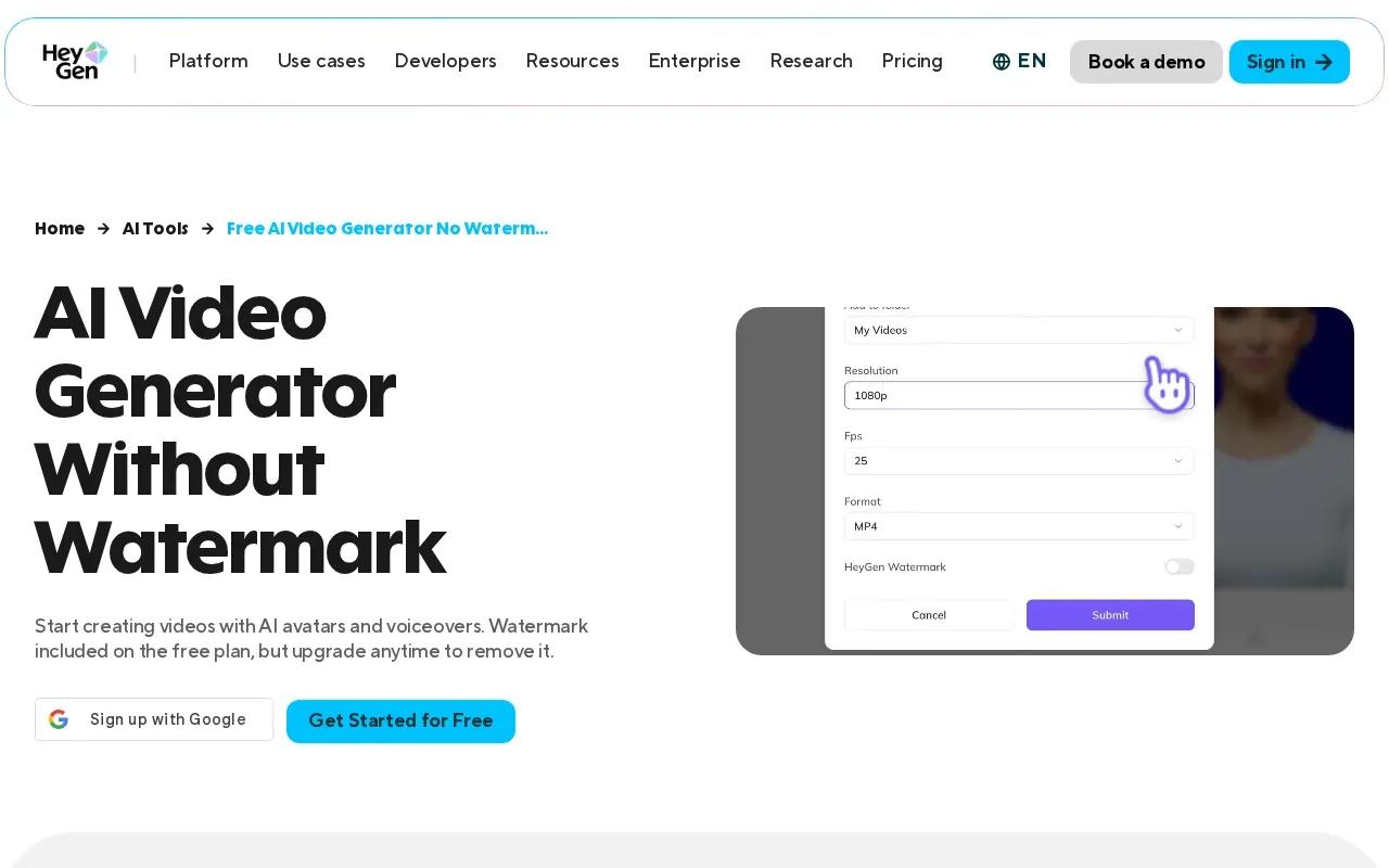 Screenshot of the HeyGen AI Video Generator website