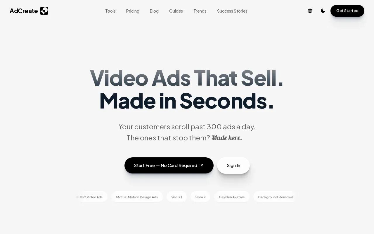 Screenshot of the AdCreate website