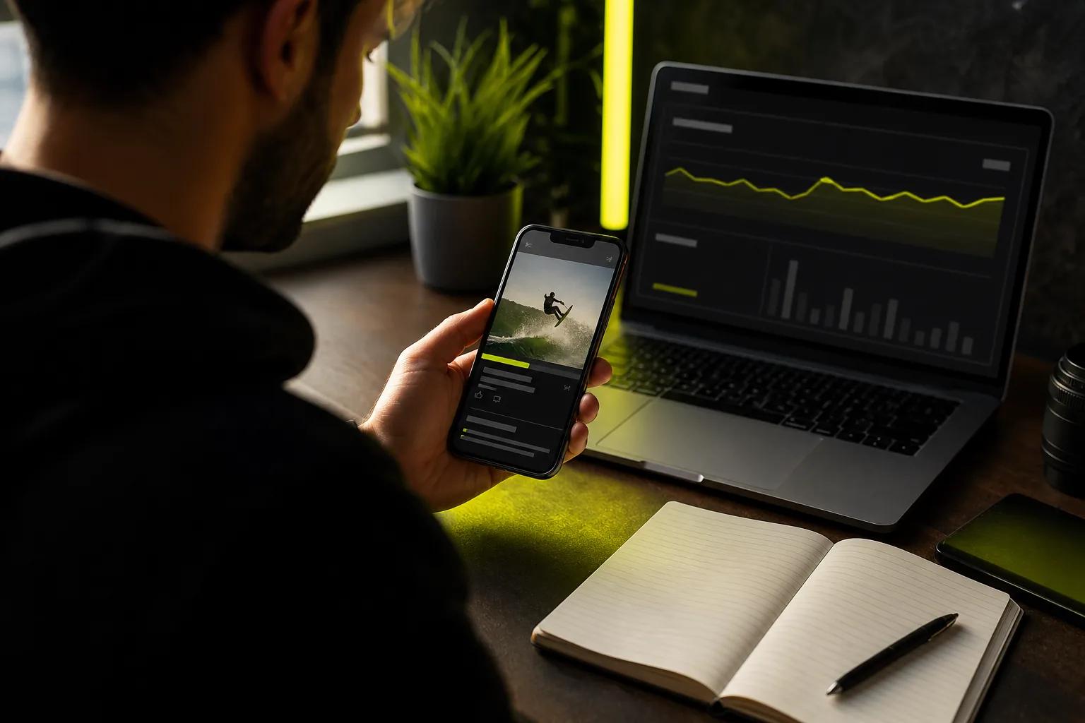 Creator reviewing a promotional video export and social performance metrics.