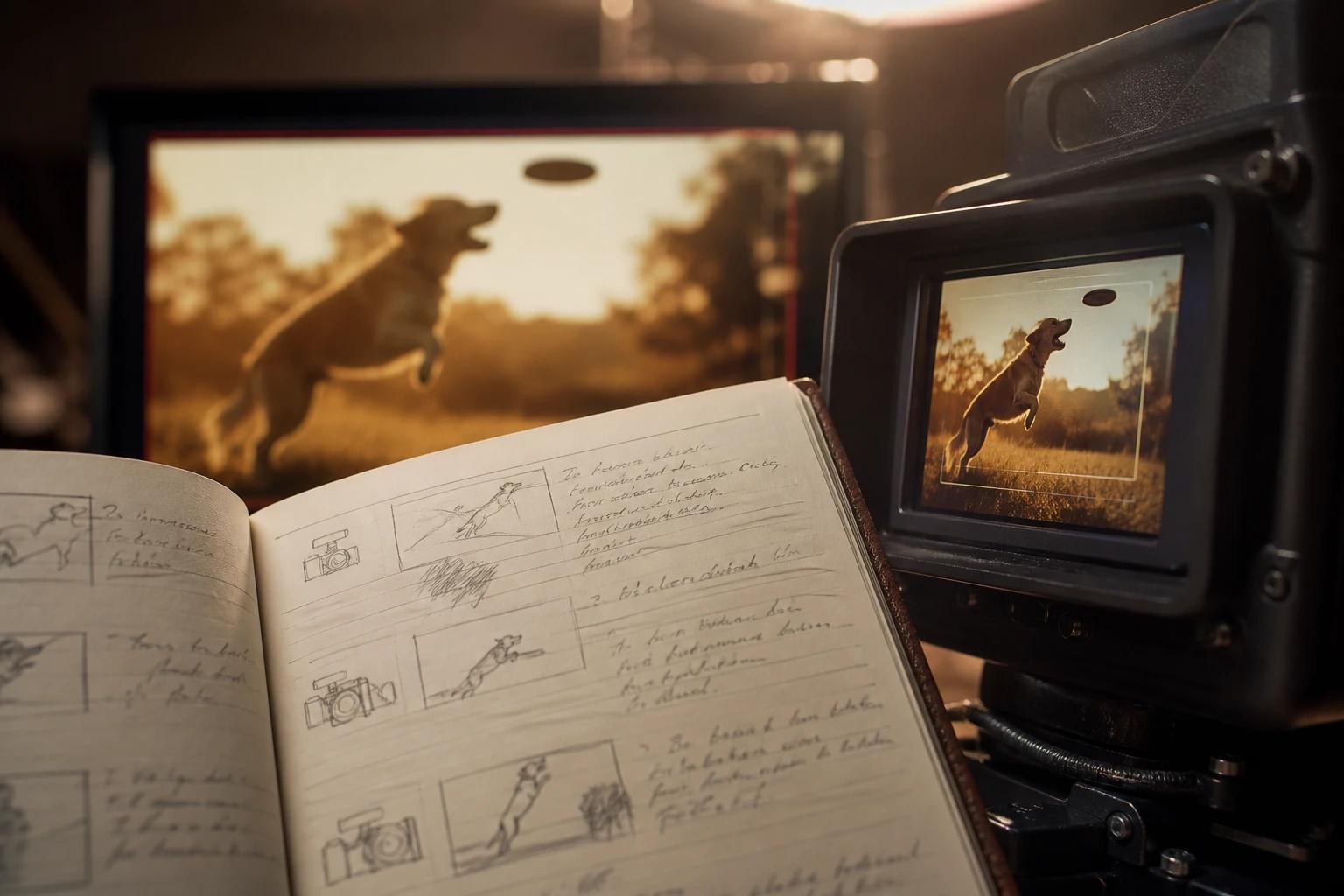 A director's notebook of handwritten shot notes beside a camera viewfinder showing a golden retriever leaping for a frisbee.