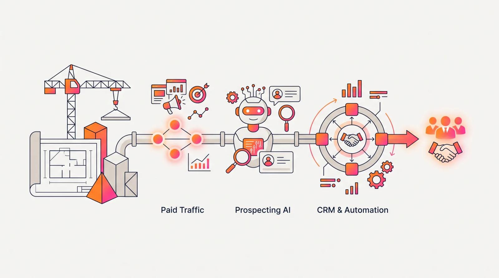Ilustração digital no estilo da Anúncios GO: operação de captação de clientes para engenharia civil, com anúncios, prospecção por IA, CRM e automações conectados em um único fluxo