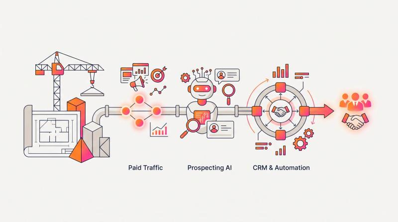 Ilustração digital no estilo da Anúncios GO: operação de captação de clientes para engenharia civil, com anúncios, prospecção por IA, CRM e automações conectados em um único fluxo
