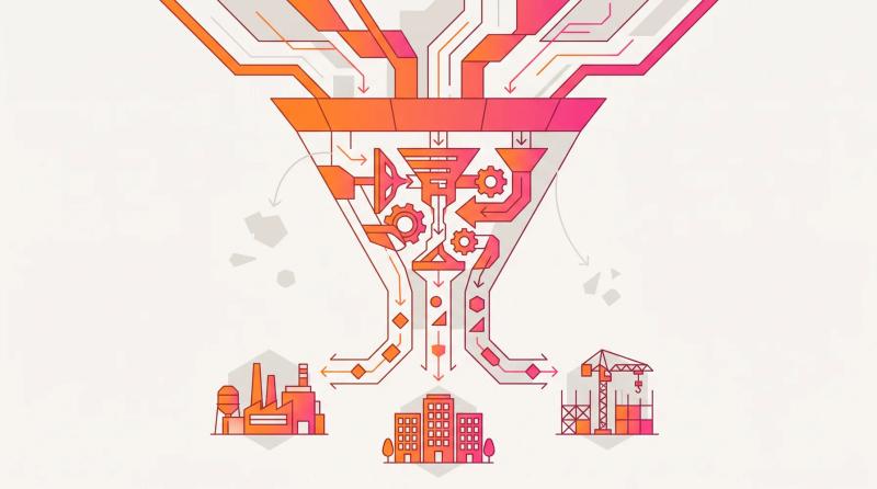 Ilustração digital no estilo da Anúncios GO: trilhas de circuito convergem para um funil com engrenagens e se ramificam para uma fábrica um edifício e um canteiro de obras