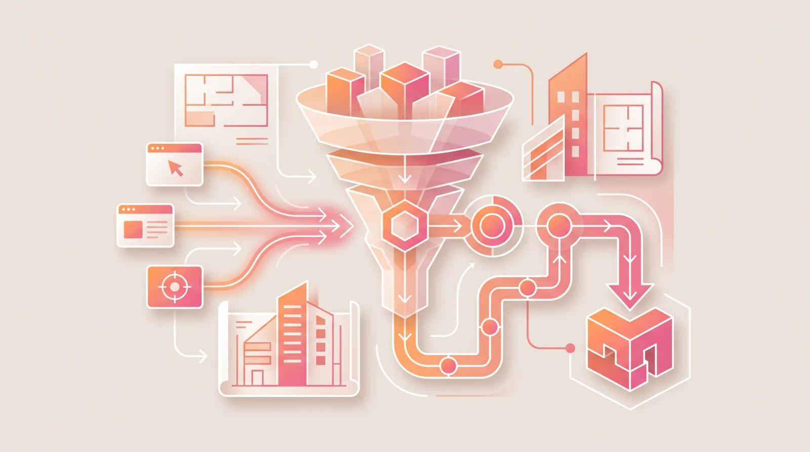 Ilustração digital no estilo da Anúncios GO: janelas de navegador e plantas de edifício ligadas a um funil de captação que desemboca em fachadas de prédios