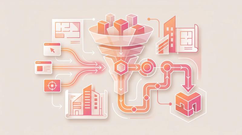 Ilustração digital no estilo da Anúncios GO: janelas de navegador e plantas de edifício ligadas a um funil de captação que desemboca em fachadas de prédios