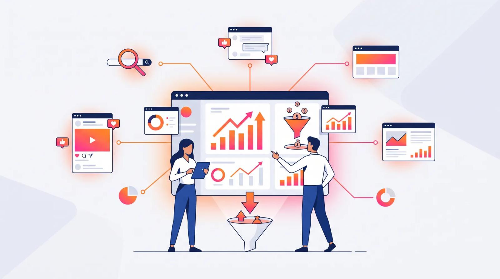 Ilustração digital no estilo da Anúncios GO: mentoria de tráfego pago para empresas — equipe no comando das próprias campanhas de captação, com orientação de especialista