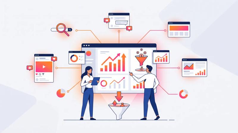 Ilustração digital no estilo da Anúncios GO: mentoria de tráfego pago para empresas — equipe no comando das próprias campanhas de captação, com orientação de especialista