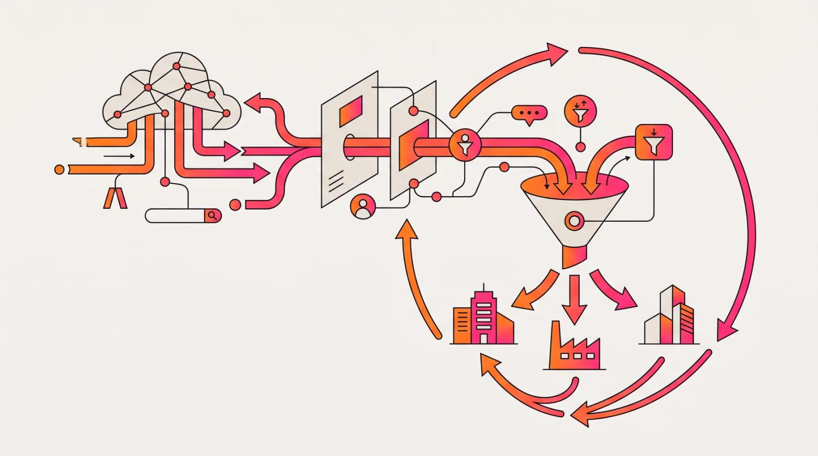 Ilustração digital no estilo da Anúncios GO: buscas e canais digitais entram por um funil de qualificação e se distribuem em ciclo para prédios comerciais e uma fábrica