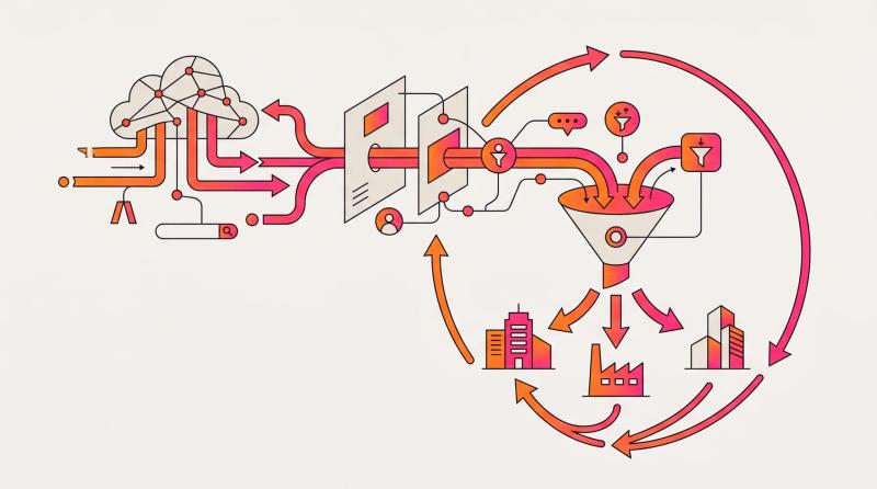 Ilustração digital no estilo da Anúncios GO: buscas e canais digitais entram por um funil de qualificação e se distribuem em ciclo para prédios comerciais e uma fábrica