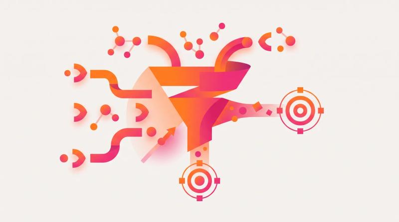 Ilustração digital no estilo da Anúncios GO: fluxos de busca convergem para um funil e saem em direção a alvos de segmentação com nós de conexão ao redor