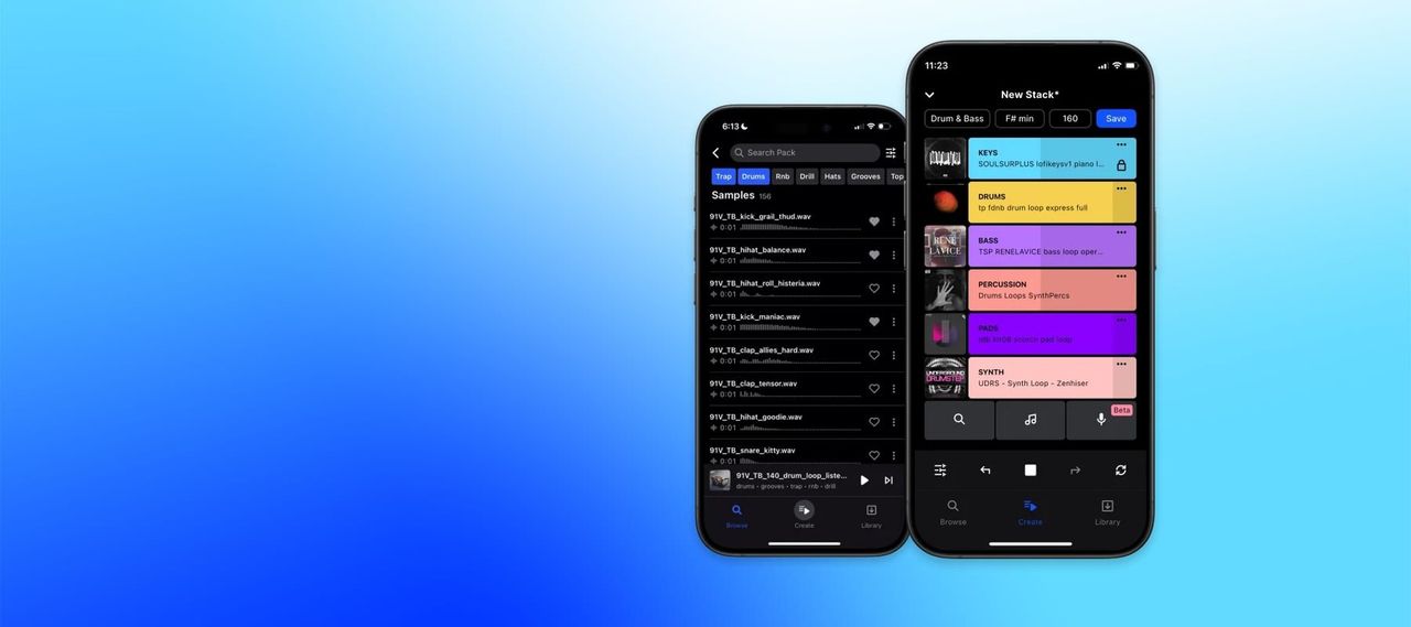 Splice Mobile app shown on phone — discover sounds and create music on the go