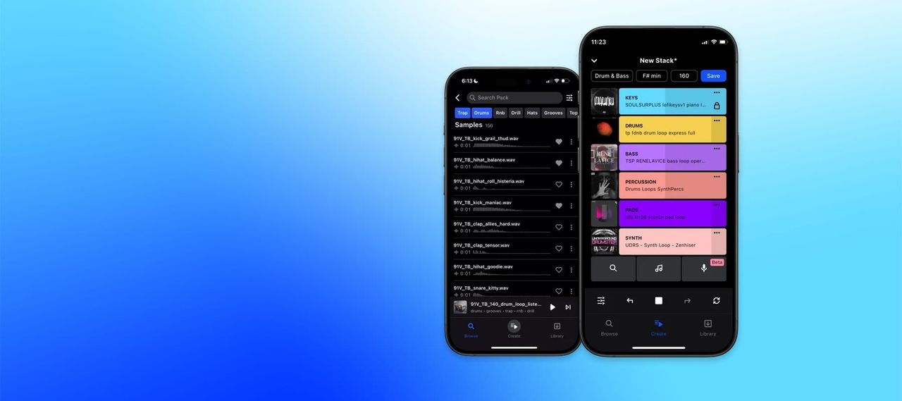 Splice Mobile app shown on phone — discover sounds and create music on the go