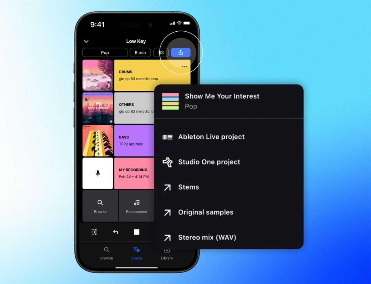 Square photo illustrating: Phone export sheet showing Airdrop, message, and share options for music project files