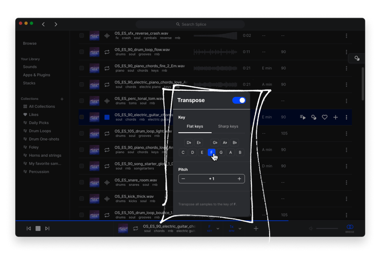 Splice Desktop app interface with Bridge plugin highlighted, showing key and tempo sync controls