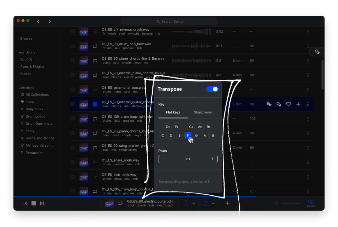 Splice Desktop app interface with Bridge plugin highlighted, showing key and tempo sync controls