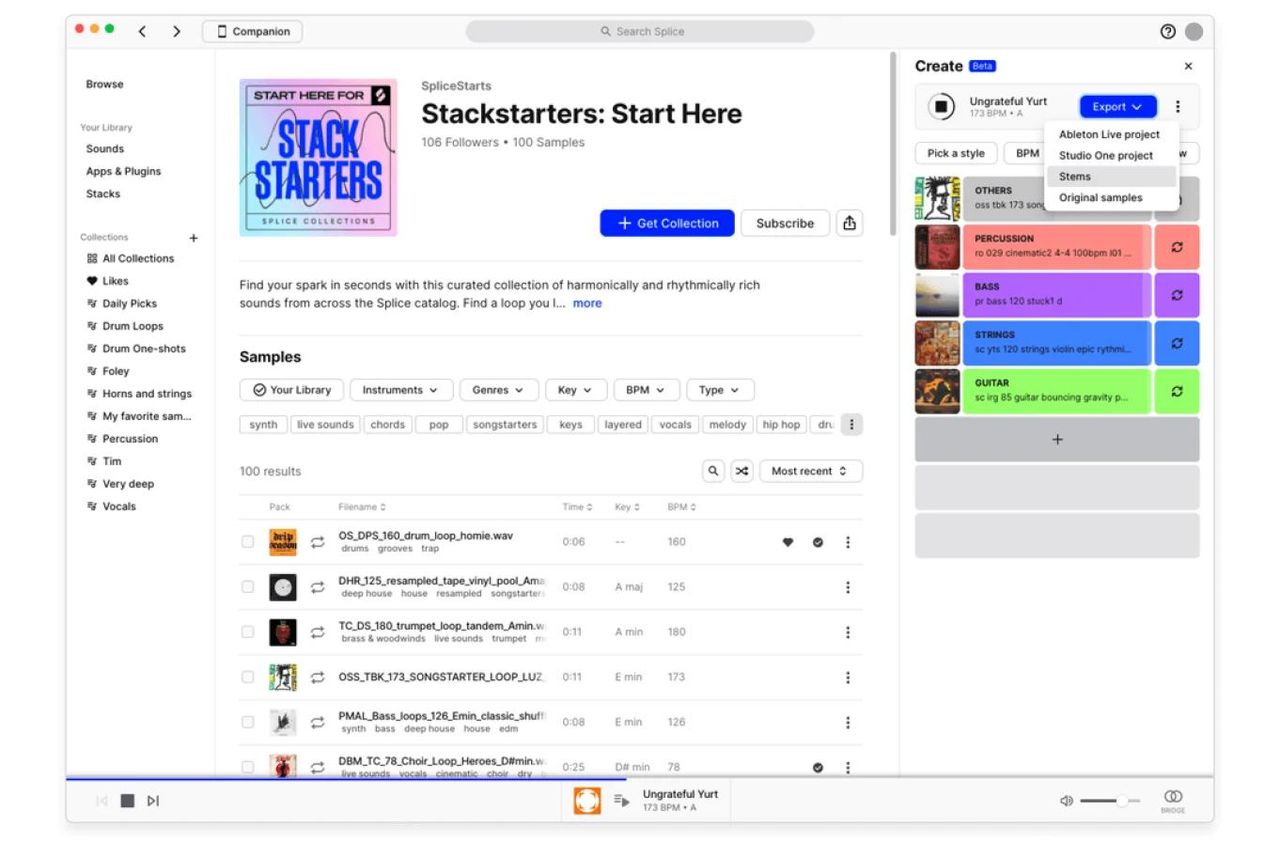 Square screenshot of Splice Desktop Create mode — AI-powered stack creation interface