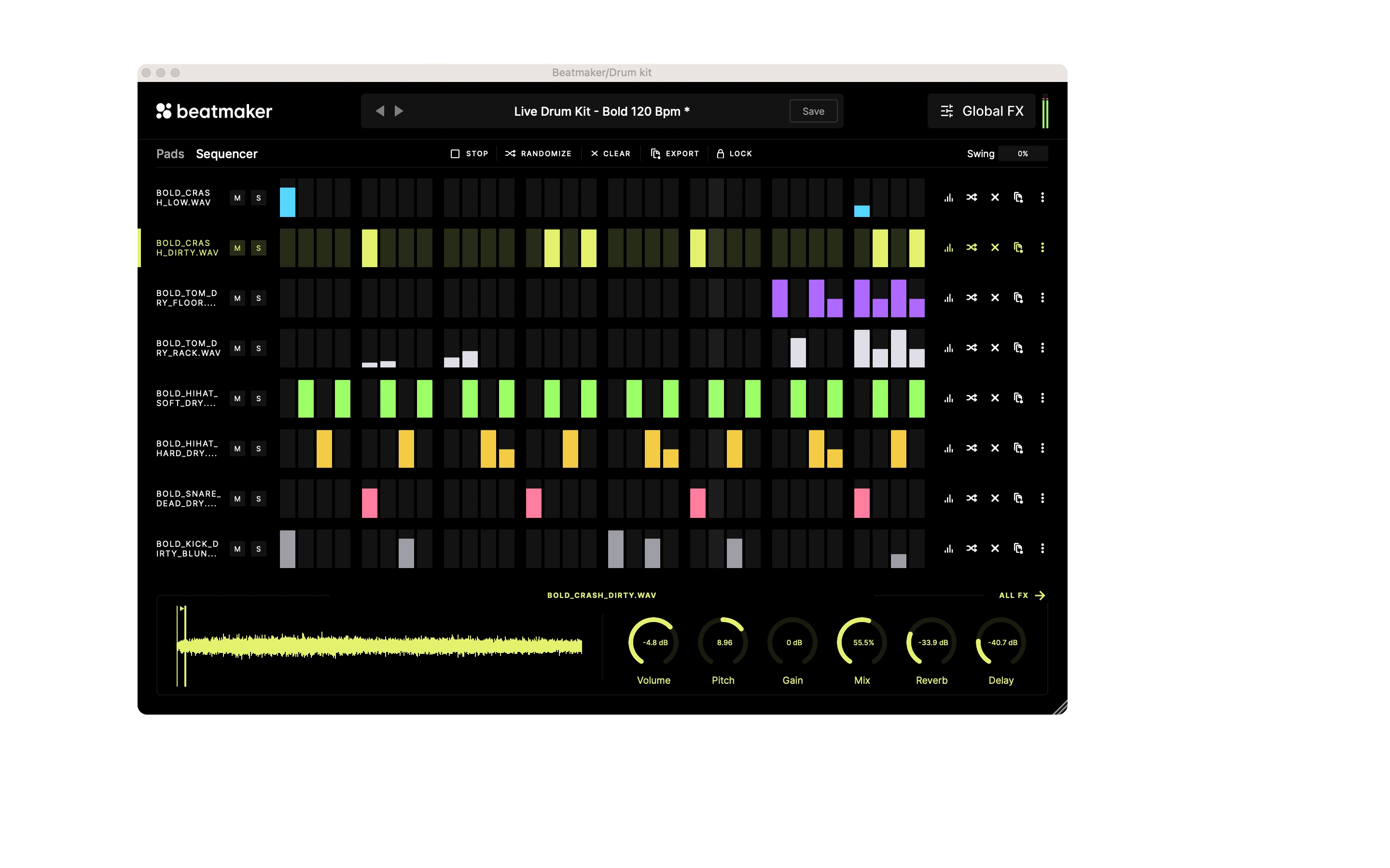 Beatmaker Pads view showing a 4x2 drum kit grid interface