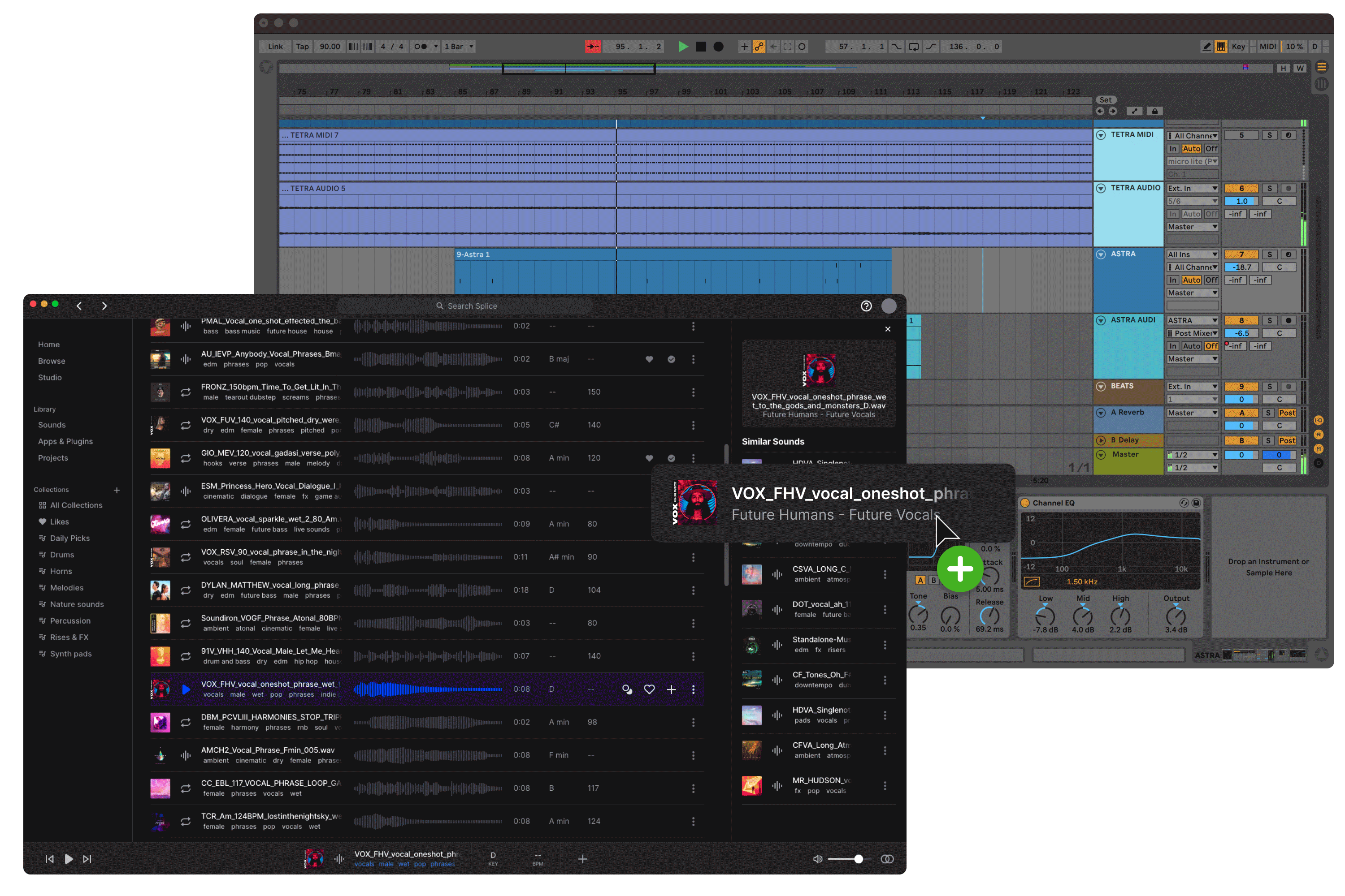 Square screenshot of Splice Bridge plugin syncing with a DAW — tempo and key preview in action
