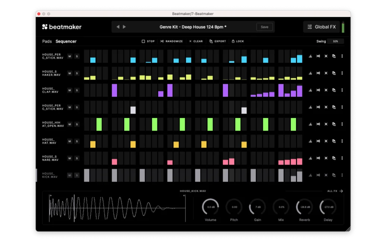 Beatmaker’s clean, minimal drum sequencer interface in dark mode