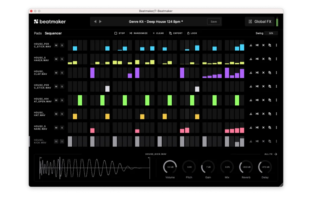 Beatmaker’s clean, minimal drum sequencer interface in dark mode