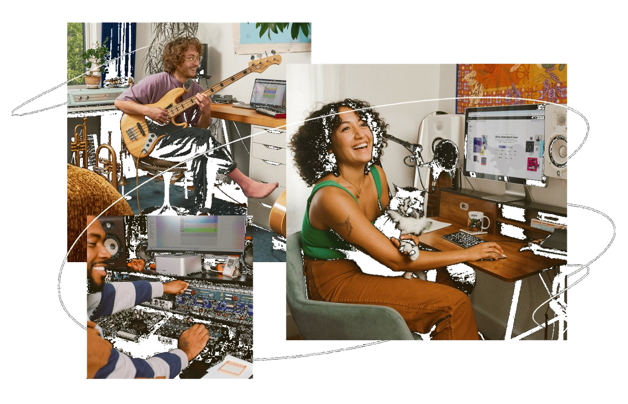 Affiliate program hero — music creator at a desk sharing content with their audience