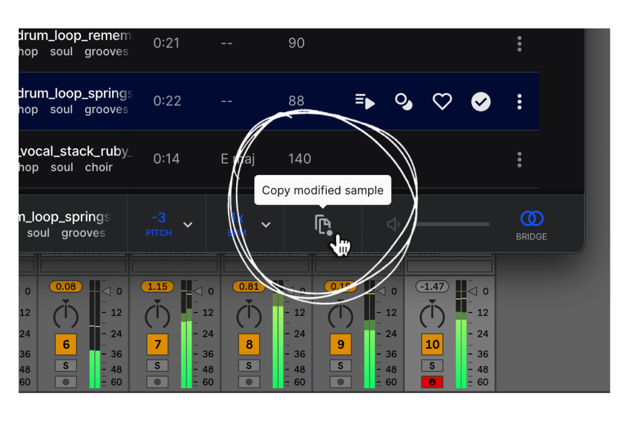 Close-up of Splice Bridge plugin with cmd+V shortcut highlighted