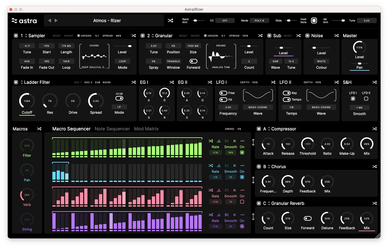 Astra polysynth plugin UI — wavetable, FM, granular and analog oscillator sources with macro controls