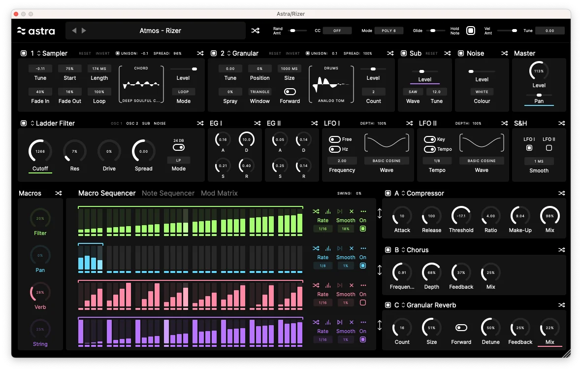Astra polysynth plugin UI — wavetable, FM, granular and analog oscillator sources with macro controls