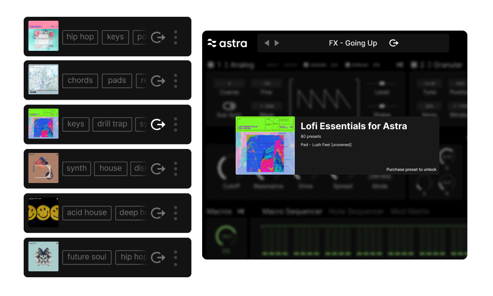 Astra preset browser — 225 factory presets plus 8,000+ in Splice Sounds